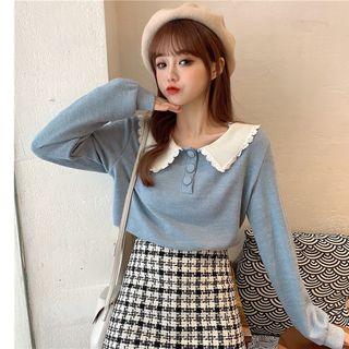Polo-neck Ribbed Knit Top