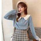 Polo-neck Ribbed Knit Top