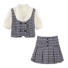 Set: Puff-sleeve Mock Two-piece Plaid Crop Shirt + Mini Pleated Skirt
