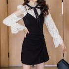 Set: Dotted Mesh Panel Long-sleeve Lace Top + Shirred Mini Pinafore Dress