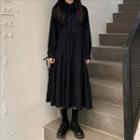Long-sleeve Tie-neck Plain Midi Dress Black - One Size