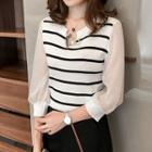 Striped Knit Panel 3/4-sleeve Top