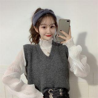 Mock-turtleneck Blouse / Knit Vest