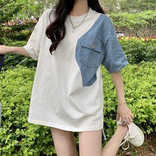 Elbow-sleeve Striped Panel T-shirt White & Blue - One Size