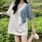 Elbow-sleeve Striped Panel T-shirt White & Blue - One Size