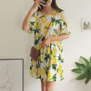 Lemon Print Short-sleeve Cold Shoulder Sundress