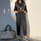 Elbow-sleeve Print T-shirt / Straight-cut Jeans