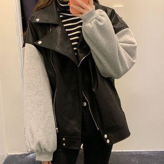 Faux Leather Panel Zip Jacket Black - One Size