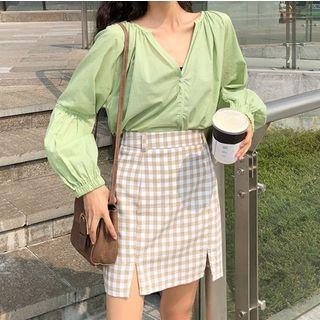Puff Sleeve V-neck Blouse / Slit-front Check Skirt