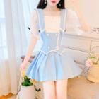 Set: Puff-sleeve Mock Two Piece Double-breasted Blouse + Pleated Mini A-line Skirt