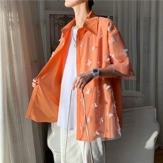 Short-sleeve Butterfly Accent Mesh Shirt