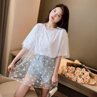 Short-sleeve Floral Print Mesh T-shirt White - One Size