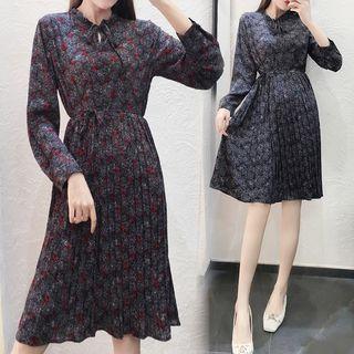 Long-sleeve Floral Accordion Pleat Dress