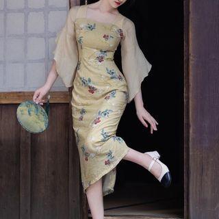 Flared-sleeve Floral Midi Sheath Dress