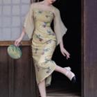 Flared-sleeve Floral Midi Sheath Dress