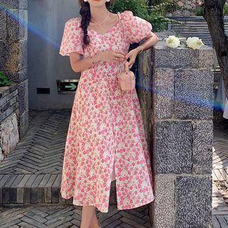 Puff-sleeve Floral Printed Maxi Dress