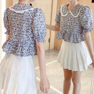 Floral Print Collared Puff-sleeve Peplum Blouse