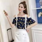 Printed Lace Trim Off-shoulder Short-sleeve Top