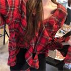 Ruffle-trim Plaid Top Red - One Size