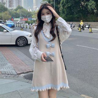 Puff-sleeve Lace Blouse / Ruffled Knit Overall Dress