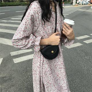 Long-sleeve Floral Print Frill Trim A-line Midi Dress