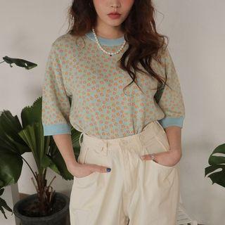 Elbow-sleeve Floral Knit Top