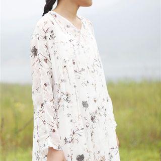 Long-sleeve Floral Ramie Dress