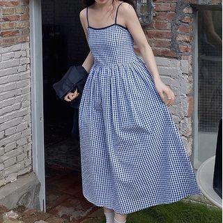 Spaghetti Strap Plaid A-line Dress Blue - One Size