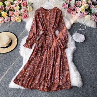 Tie-waist Floral Print Long-sleeve Dress