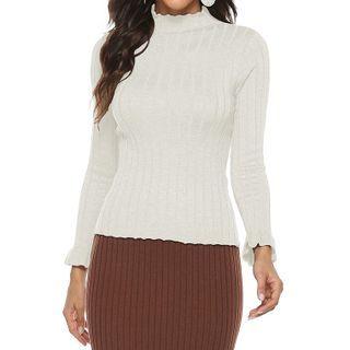 Mock-neck Lantern-sleeve Ribbed Sweater
