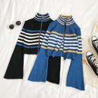 Bell-sleeve Stand Collar Striped Zip Knit Top