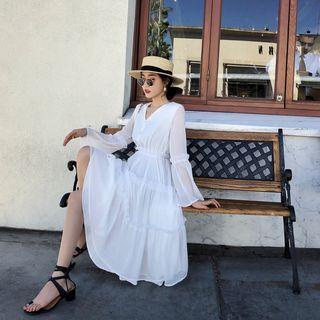 V-neck Chiffon Long Sleeve Tiered Midi Dress