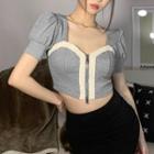 Short-sleeve Two-tone Zip-up Knit Crop Top