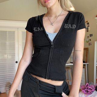 Short-sleeve Rhinestone Lettering Zip-up Top