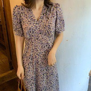 Short-sleeve Floral Print A-line Midi Dress Dress - Floral - Purple - One Size