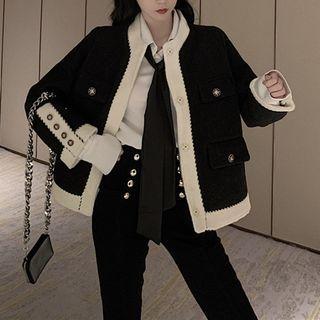 Contrast Trim Cardigan / Plain Shirt / Skinny Pants