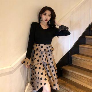 Dotted Long-sleeve Panel Layer Dress As Shown In Figure - One Size
