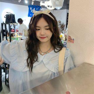 Elbow-sleeve Frill Trim Blouse Blue - One Size