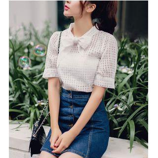 Short-sleeve Tie-neck Organza Blouse