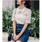 Short-sleeve Tie-neck Organza Blouse