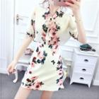 Set: Short-sleeve Floral Blouse + Mini A-line Skirt