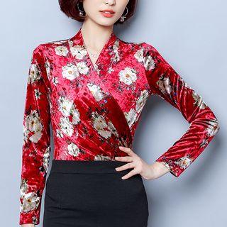 Long-sleeve V-neck Print Velvet Top
