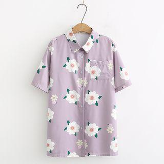 Short-sleeve Flower Print Shirt Purple - One Size