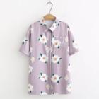 Short-sleeve Flower Print Shirt Purple - One Size