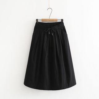 Drawstring Cotton Midi A-line Skirt