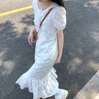 Puff-sleeve Lace Ruffle Hem Midi Sheath Dress