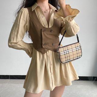 Set : Polo-collar Bell-sleeve Shirtdress + Double-breasted Vest