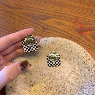 Checkerboard Earring 1 Pair - 925 Silver - Check - Black & White - One Size