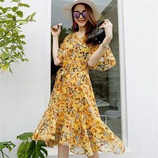 Ruffle Floral Tie-waist Chiffon Dress