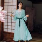 Traditional Chinese 3/4-sleeve Embroidered Chiffon A-line Midi Dress
